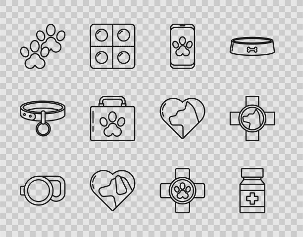 设置线可伸缩绳皮带，狗药瓶和药丸，在线兽医诊所符号，心脏与狗，爪印，宠物急救箱，兽医和图标。向量图片下载