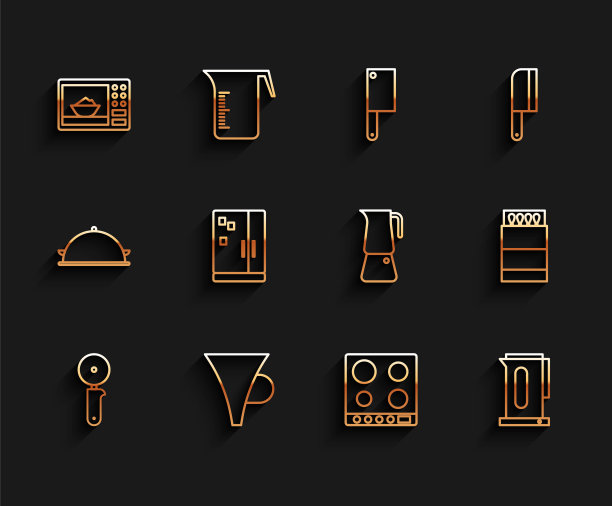 设置线披萨刀，漏斗或过滤器，微波炉，煤气炉，带把手水壶，冰箱，打开火柴盒火柴和Moka壶图标。向量图片下载