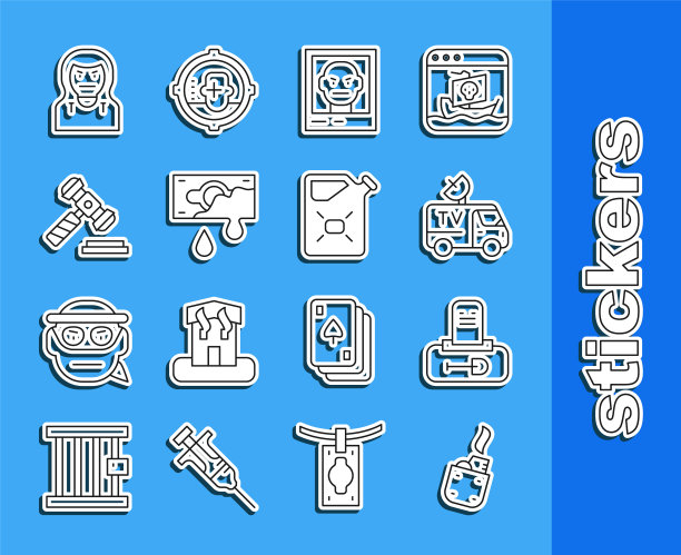 设置线打火机，墓碑坟墓，电视新闻汽车，通缉海报，血腥钱，法官木槌，小偷面具和罐燃料图标。向量图片下载