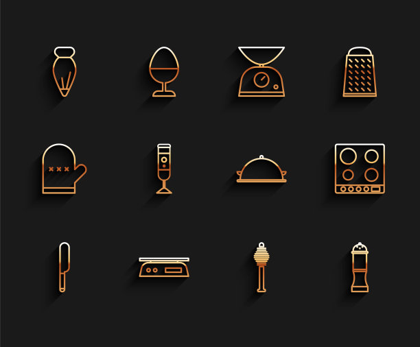 设置线刀，电子秤，糕点袋装饰蛋糕，蜂蜜勺棒，胡椒，搅拌机，煤气炉和覆盖托盘的食物图标。向量图片下载