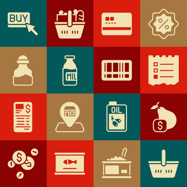 设置购物篮，价格标签梨，清单，信用卡，奶瓶，香料罐，购买按钮和条形码图标。向量图片下载