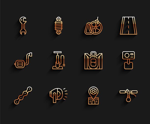 设置线自行车链，头灯，扳手扳手，维修服务，车把，泵，行动极端相机和徒步旅行背包图标。向量图片下载