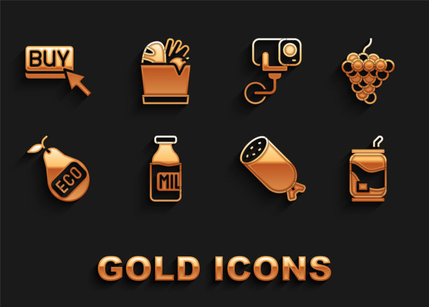 设置牛奶瓶，葡萄水果，汽水罐，意大利腊肠，健康有机梨，安全摄像头，购买按钮和购物袋和食品图标。向量图片下载