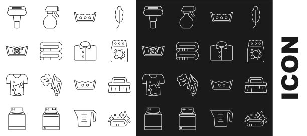 设置线毛巾堆叠，刷清洗，洗衣粉，温度洗涤，服装蒸笼和t恤图标。向量图片下载