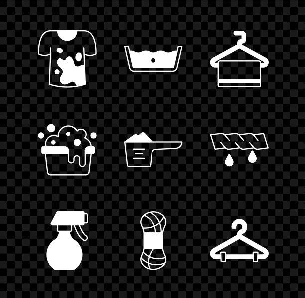 设置脏t恤，温度洗涤，毛巾在衣架上，水喷瓶，纱线，衣架衣柜，有肥皂泡沫和洗衣粉图标的盆。向量图片下载