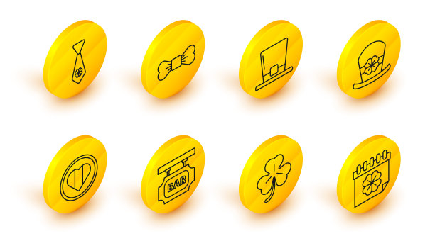 集行圣帕特里克节日历，四叶草，街道招牌题字栏，心和快乐，妖精帽四，蝴蝶结和领带图标。向量图片下载