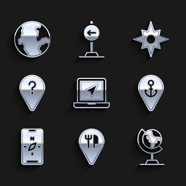 在笔记本电脑上设置位置标记，咖啡厅和餐厅，地球地球仪，位置锚，移动罗盘，未知航线点，风玫瑰和图标。向量图片下载