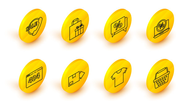 设置线购物篮，t恤，纸箱纸箱，页面与404错误，折扣百分比和笔记本电脑，折扣百分比标签，礼物和电话24小时支持图标。向量图片下载