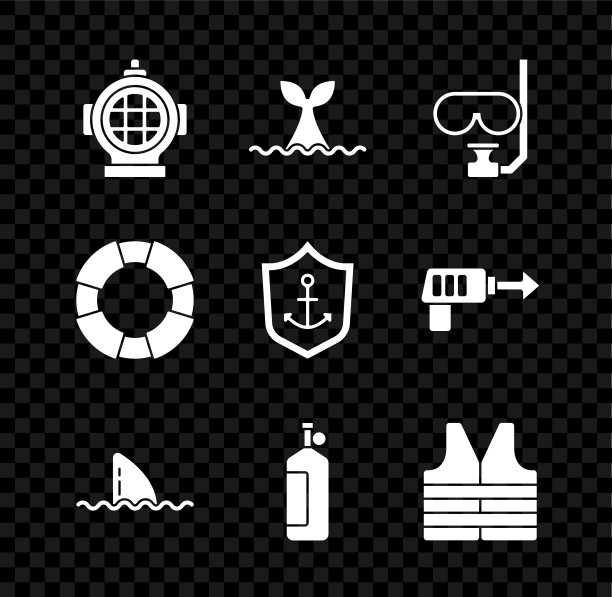 在盾形图标内设置水龙、鲸鱼尾巴、潜水面罩和浮潜、鱼翅、救生衣、救生圈和锚。向量图片下载