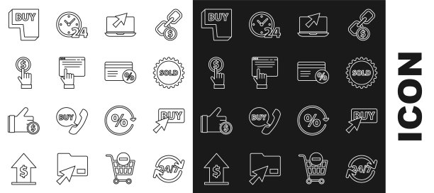 设置线路时钟24小时，购买按钮，已售出标签，笔记本电脑和光标，网上购物屏幕，手持硬币，折扣卡与百分比图标。向量图片下载