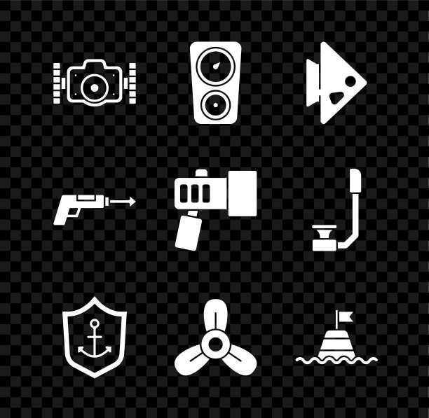 设置相机，标尺，鱼，内锚盾，船螺旋桨，涡轮机，海上漂浮浮标，鱼叉和手电筒图标。向量图片下载