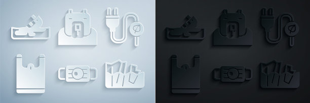 配备医用防护口罩、电动节电插头、塑料袋、冰川融化、北极熊头和失事油轮船图标。向量图片下载