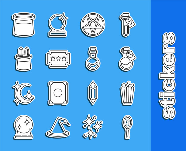 设置线魔术手镜，爆米花盒，瓶子与爱情药水，五角星圆圈，门票，魔术师帽子兔子耳朵，和图标。向量图片下载