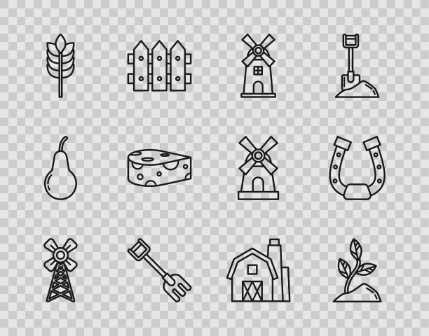 设置线风车，发芽，花园耙子，谷物与大米，小麦，玉米，燕麦，黑麦，奶酪，农场房子概念和马蹄铁图标。向量图片下载