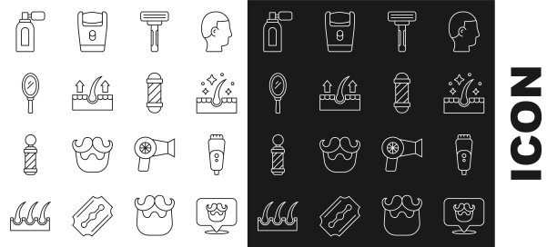 集理发店、电动剃须刀片、护发油、剃须、人体毛囊、手镜、带喷雾器的须后水和经典杆标于一体。向量图片下载