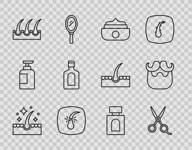 设置线油的头发护理治疗，剪刀发型师，凝胶蜡造型，破碎的毛囊，人，瓶洗发水，须后水和胡子和胡子图标。向量图片下载