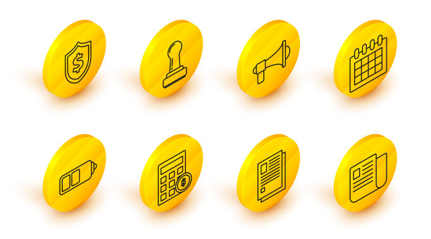 设置行文件文件，计算器与美元符号，电池充电水平指示，日历，扩音器，邮票和盾牌图标。向量图片下载