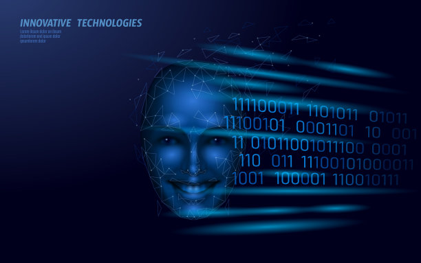 虚拟助理语音识别服务技术。人工智能机器人支持。聊天机器人美丽的女性面对低多边形矢量插图图片下载