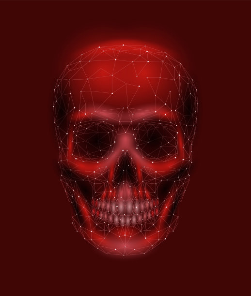 可怕的人类头骨。男人头下巴眼睛鼻子牙齿。低多边形几何连通点三角形未来科技设计背景红色矢量医学插画图片下载