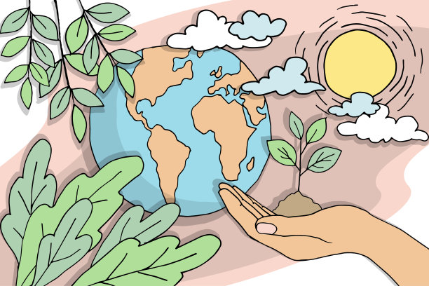 生态卡通星球地球手关心植物发芽。环境安全，可持续技术，可再生能源。自然保护问题纸画剪纸设计矢量插图素材图片
