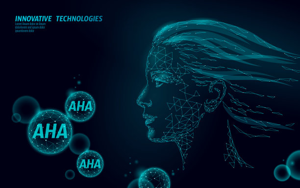 果酸美容脱皮。女性面部AHA果酸乳酸去角质抗衰老面部精华液。医疗保健皮肤治疗低多边形球体矢量插图图片下载