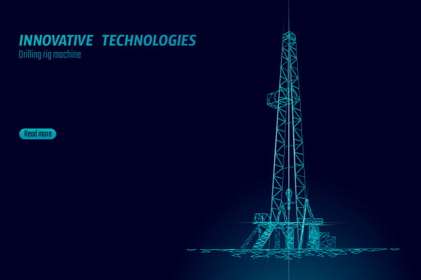 陆上油气钻井平台。原材料经济金融经营理念。石油工业井机生态学。低多边形发光夜剪影3D渲染多边形矢量插图图片下载
