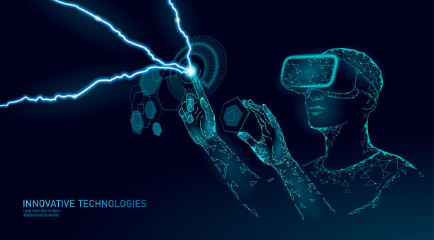 虚拟增强现实头盔低聚。创新媒体娱乐多边形概念。HUD用户显示数字控制科学面板。人机数据分析矢量图图片下载