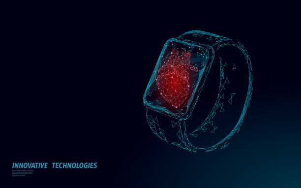 智能手表健身跟踪保健器。医药app经营理念。人体心脏跳动运动监测器现代设计。低多边形多边形设计横幅矢量插图图片下载