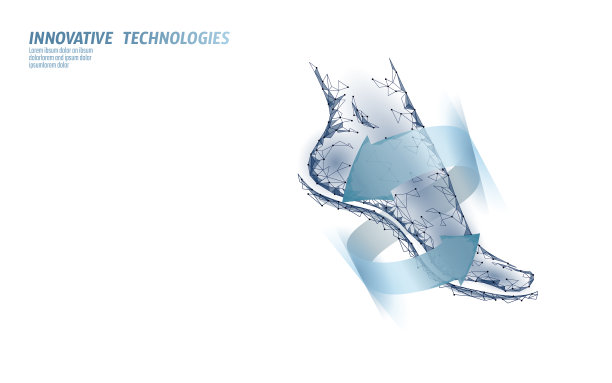 人脚脚趾3D低聚渲染。多边形医疗保健恢复重建系统技术。医学海报发光箭头矢量插图图片下载