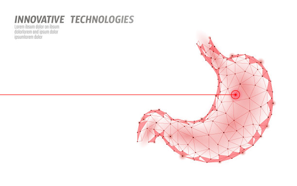 人体胃激光手术手术低聚。药物治疗疼痛区疾病药物。红色三角形多边形三维渲染形状。制药企业海报模板矢量插图图片下载