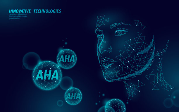 果酸美容脱皮。女性面部AHA果酸乳酸去角质抗衰老面部精华液。医疗保健皮肤治疗低多边形球体矢量插图图片下载