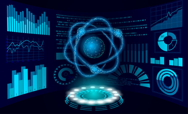 虚拟现实科学的研究理念。HUD显示工作在项目增强现实。三维原子粒子物理数据分析数字装置。在线医学技术矢量插图图片下载