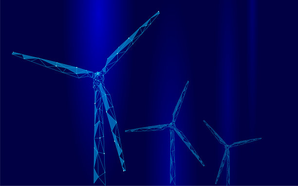 风力发电机低聚抽象背景。节约生态绿色能源电力经营理念。风车塔夜深蓝色天空云景观多边形几何矢量插图图片下载