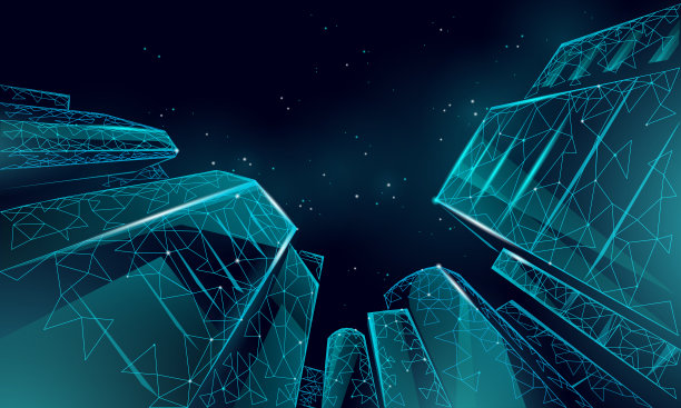 多边形低角度商业现代玻璃建筑。摩天大楼高耸入云，城市风光无限。金融银行未来办公室概念。巨大的智能房子从下面矢量插图图片下载