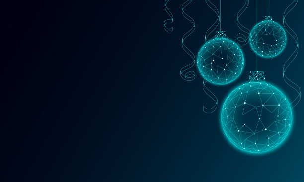 圣诞树球装饰低聚。现代未来科技艺术模板贺卡。深蓝色的背景。发光闪闪的3D渲染球新年快乐横幅矢量插图图片下载