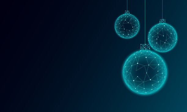 圣诞树球装饰低聚。现代未来科技艺术模板贺卡。深蓝色的背景。发光闪闪的3D渲染球新年快乐横幅矢量插图图片下载