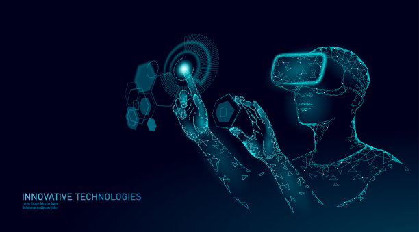 虚拟增强现实头盔低聚。创新媒体娱乐多边形概念。HUD用户显示数字控制科学面板。人机数据分析矢量图图片下载