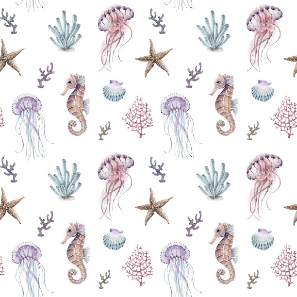 无缝图案与海蜇，珊瑚和动物在白色背景上的海洋风格的水彩插图。图片下载