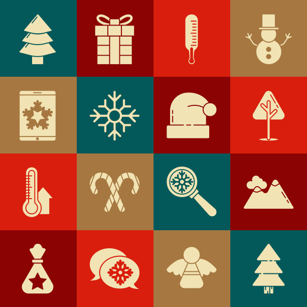 设置圣诞树，山脉，气象温度计测量，雪花，在智能手机和雪花，和圣诞老人的帽子图标。向量图片下载