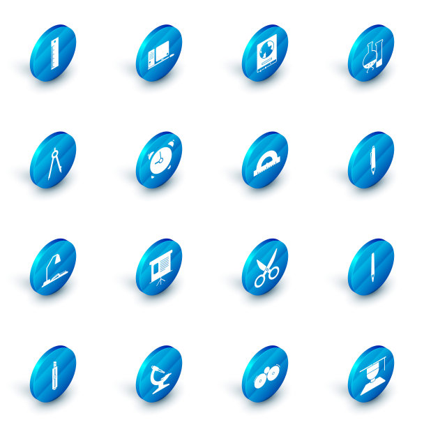 设置电脑显示器，键盘和鼠标，绘图指南针，工作场所台灯打开书，闹钟，笔和量角器网格测量度数图标。向量图片下载