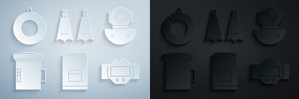 集背包，潜水，大手电筒，潜水手表，橡胶鳍状肢游泳和救生圈图标。向量图片下载