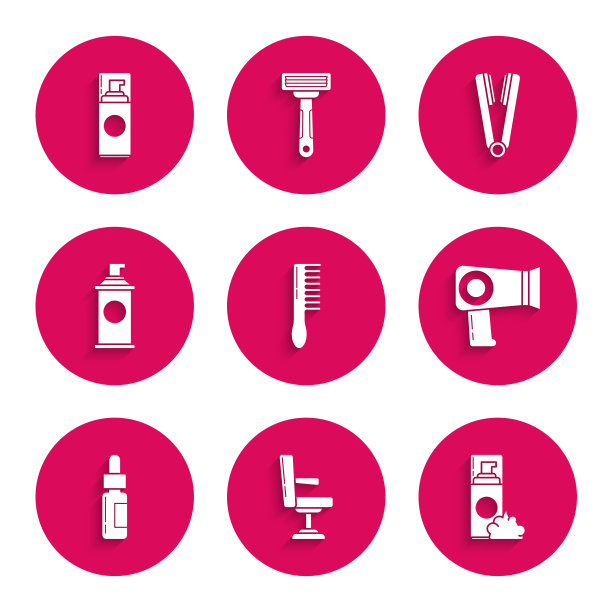 集毛刷，理发椅，剃须啫喱泡沫，烘干机，带吸管的玻璃瓶，卷发棒和图标于一体。向量图片下载