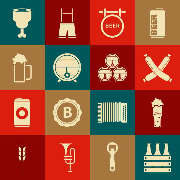 集装啤酒瓶，玻璃，交叉香肠，街头招牌铭文啤酒，木桶架塞旋塞，鸡腿和图标。向量图片下载