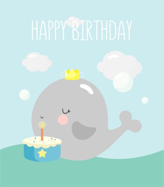 生日聚会，贺卡，聚会邀请。孩子插画与可爱的小鲸鱼与题字一个。矢量插图在卡通风格。图片下载