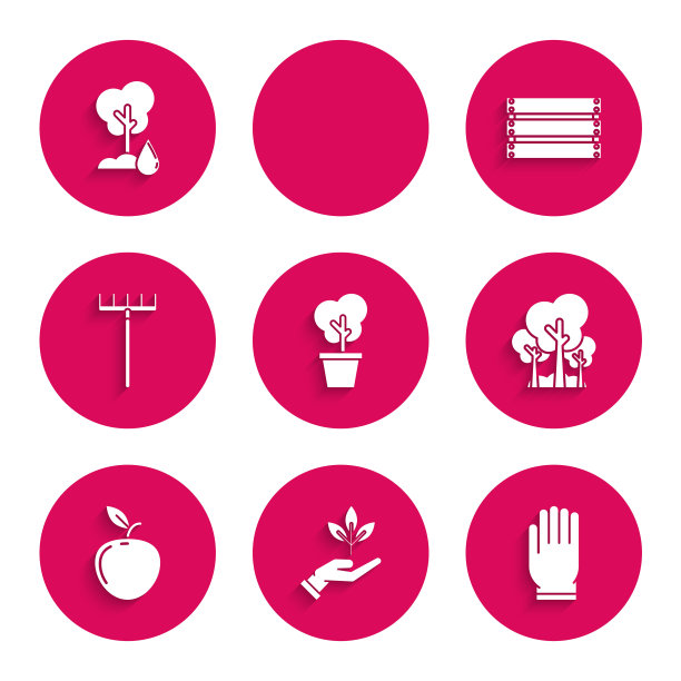 盆栽树，环保植物之手，园艺手套，树，苹果，耙子，木盒子和浇水图标。向量图片下载