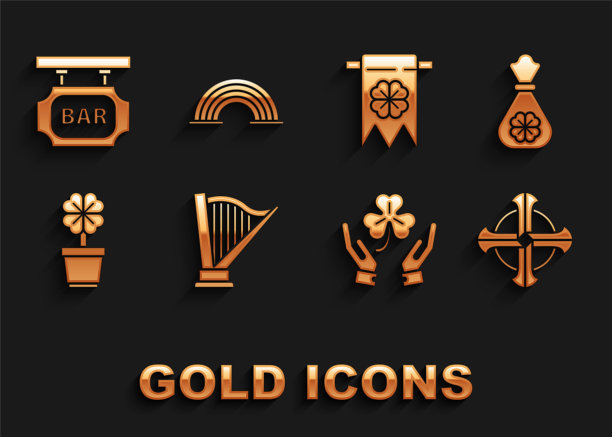 设置竖琴，金钱袋四叶三叶草，凯尔特十字架，人的手，四壶，党三角旗，街头招牌铭文酒吧和彩虹图标。向量图片下载
