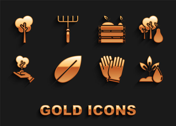 集叶，梨树，浇水植物，园艺手套，环保手，水果蔬菜木箱，耙子图标。向量图片下载