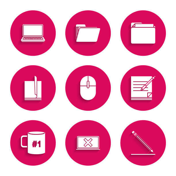 设置电脑鼠标，笔记本电脑和交叉标记在屏幕上，铅笔与橡皮擦线，空白笔记本钢笔，咖啡杯平面，文件文件，文件文件夹和图标。向量图片下载