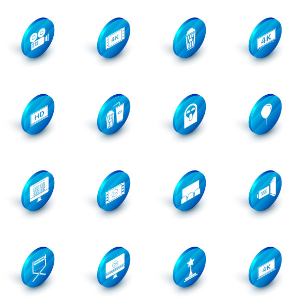 可设置4k电影，磁带，框，纸盒爆米花，笔记本电脑屏幕高清视频技术，在线购买电影票，苏打饮料杯，气球彩带和有趣的吓人鬼面具图标。向量图片下载