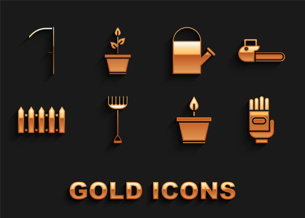 设置花园耙子，电锯，手套，花盆，篱笆木，浇水罐，镰刀和图标。向量图片下载